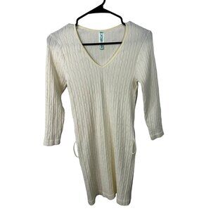 J J Authentic Women’s M/L V-Neck‎ Knit Sweater Dress Cream Ribbed Long Sleeve
